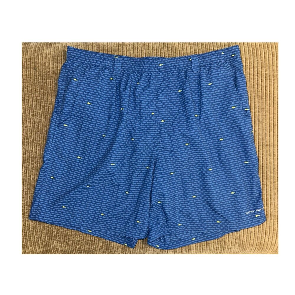 Columbia PFG Blue Fish Print Fishing Swim Shorts Trunks Lined Drawstring XL EUC